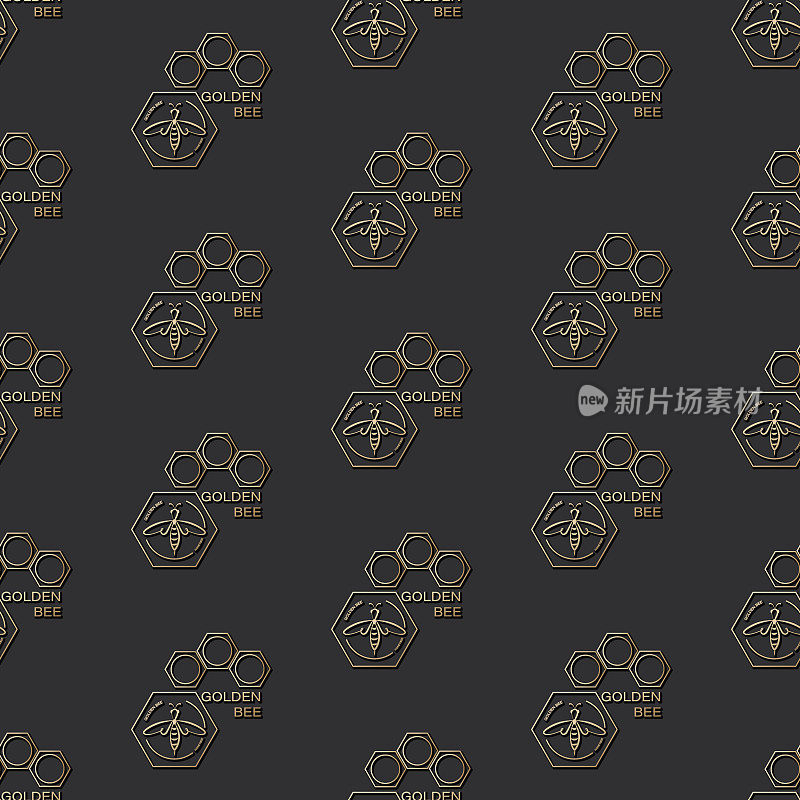 Golden honeybee. Vector background with bee in honeycomb. Design seamless pattern in linear style.